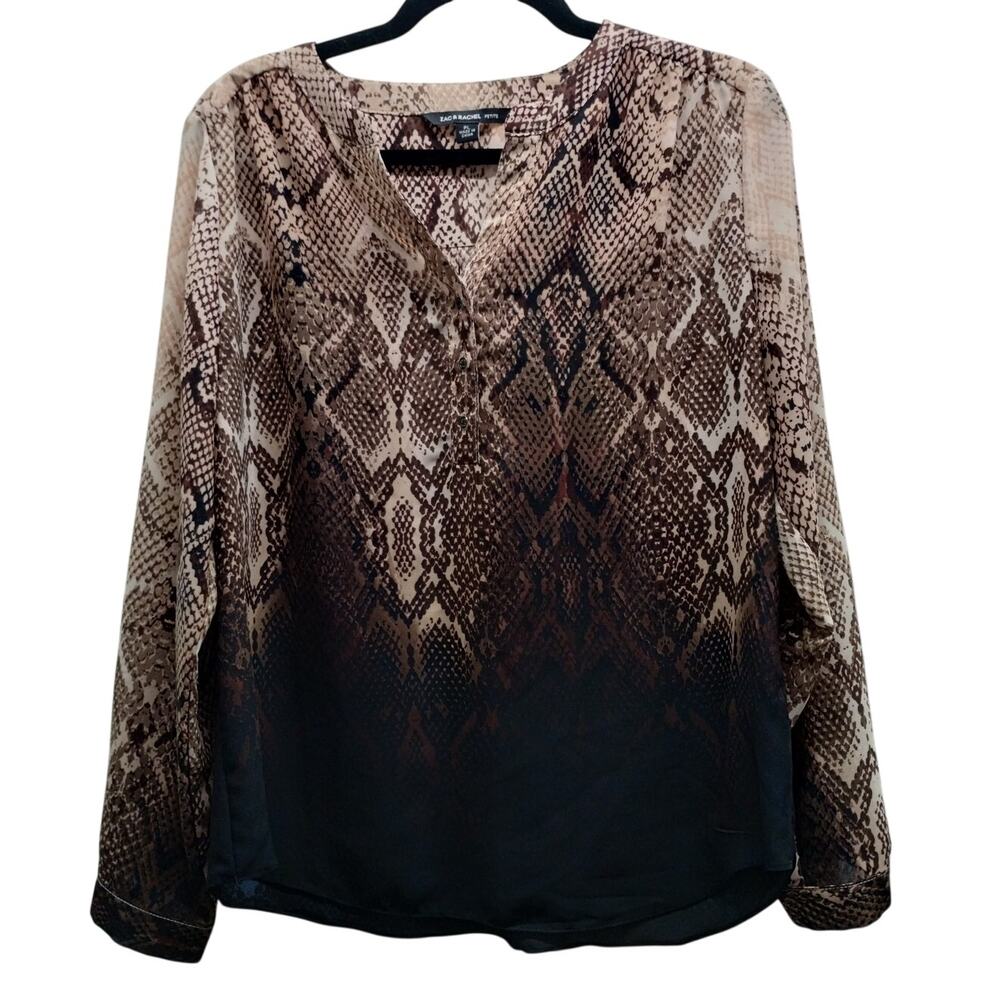 Zac & Rachel Size PL Brown Black Snakeskin Print Roll Tab Sleeves Popover Top
